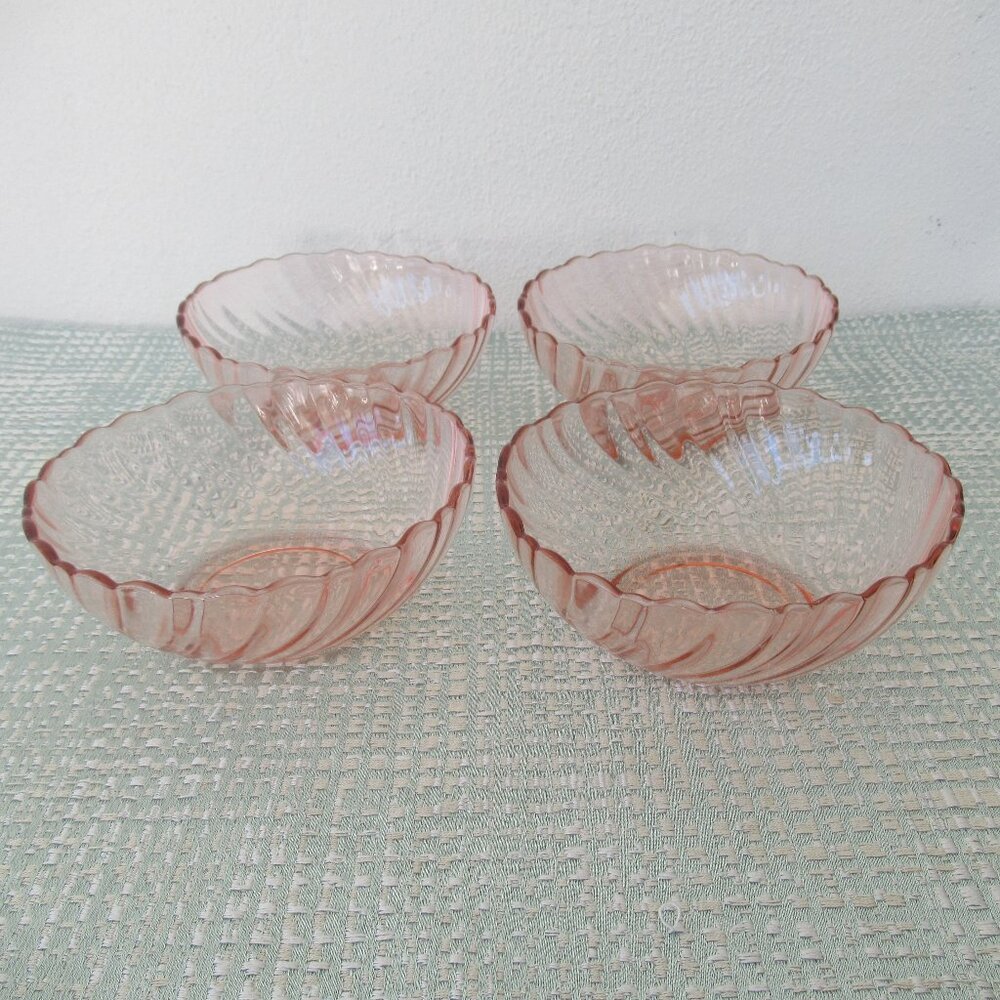 ARCOROC FRANCE Pink Rosaline Swirl Small Glass Bowls, Fruit/Dessert, 5" Set 4